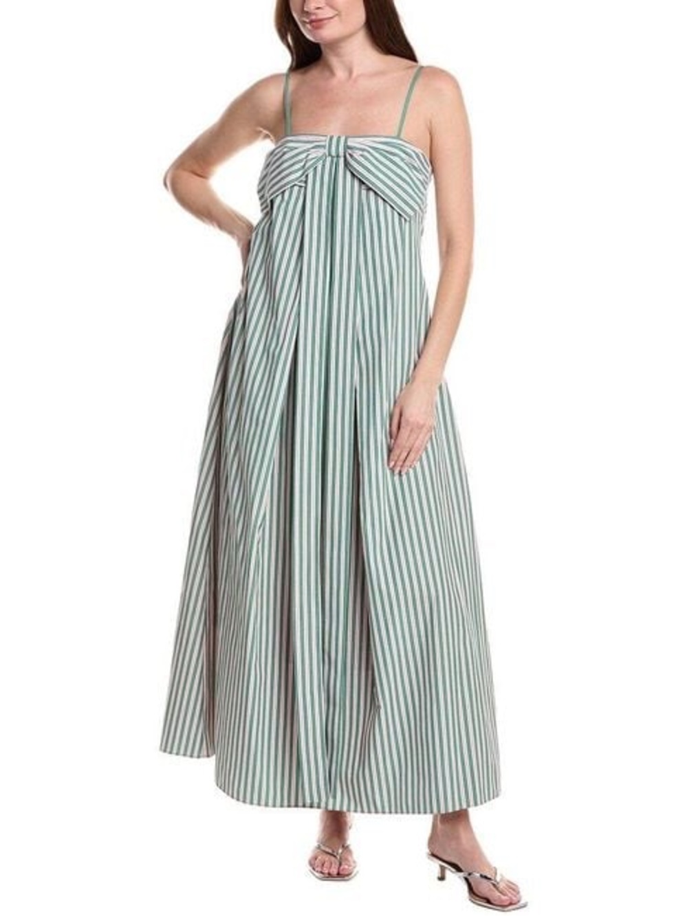 Flora Bea New York Strauss Striped Green and White Spaghetti-Strap Maxi Dress
